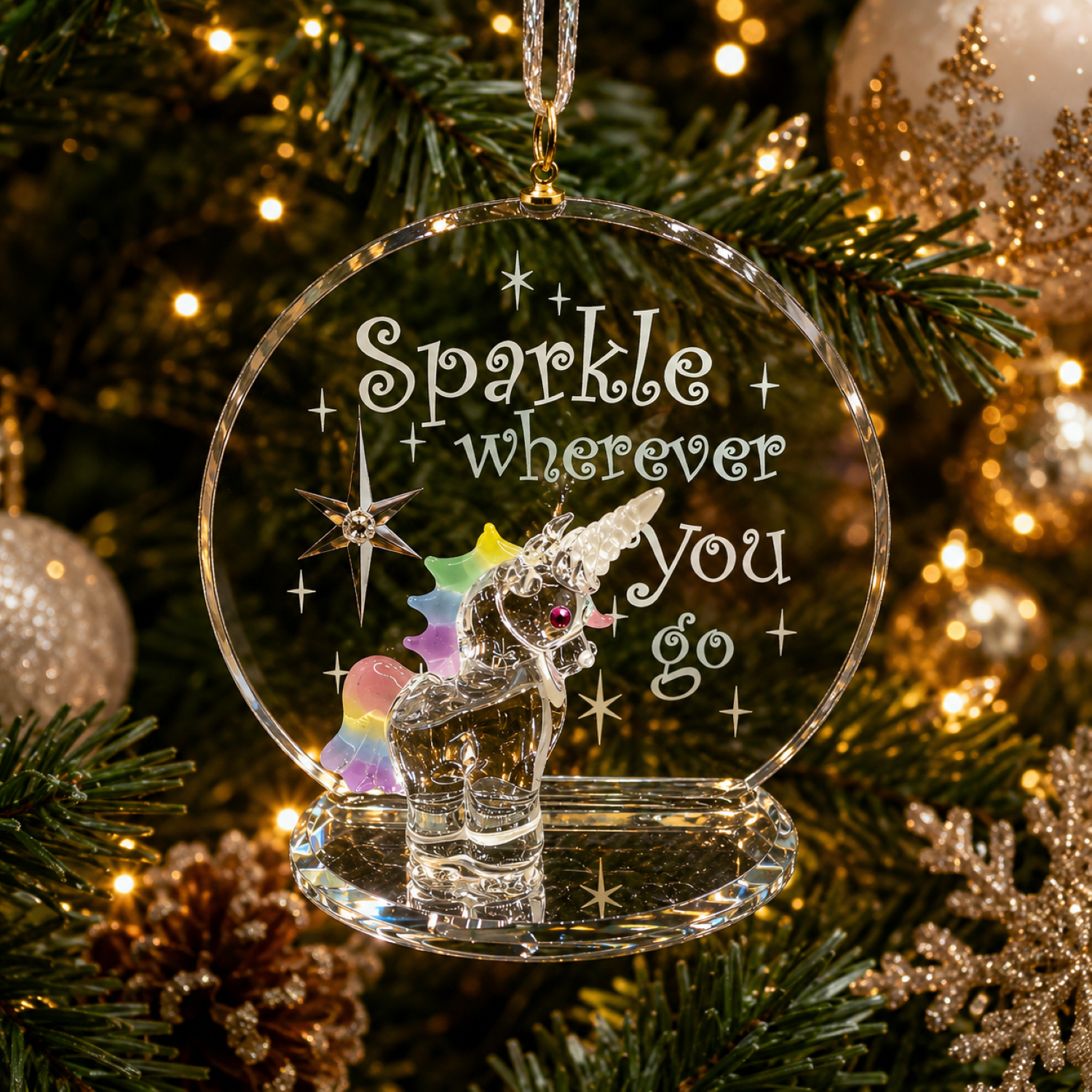 Handcrafted glass unicorn Christmas ornament with a pastel rainbow mane and tail displayed in front of a round acrylic ornament reading "Sparkle Wherever You Go."