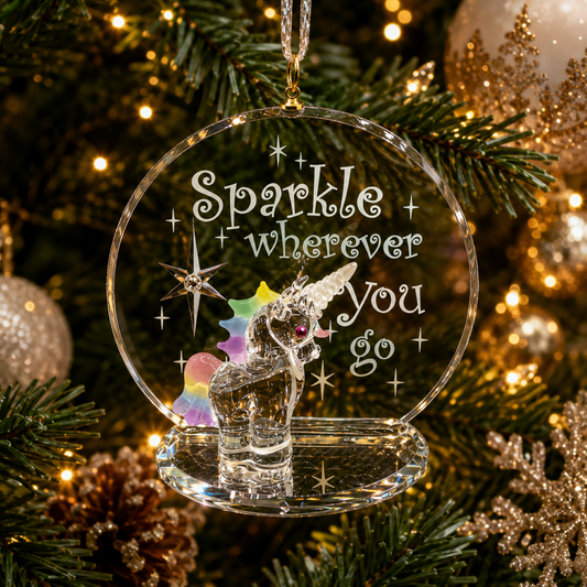 Handcrafted glass unicorn Christmas ornament with a pastel rainbow mane and tail displayed in front of a round acrylic ornament reading "Sparkle Wherever You Go."