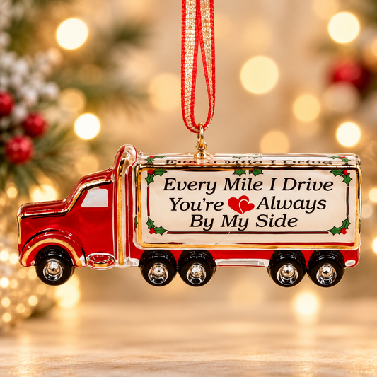 Handcrafted glass red truck ornament with Every Mile I Drive You're Always By My Side message and gold ribbon