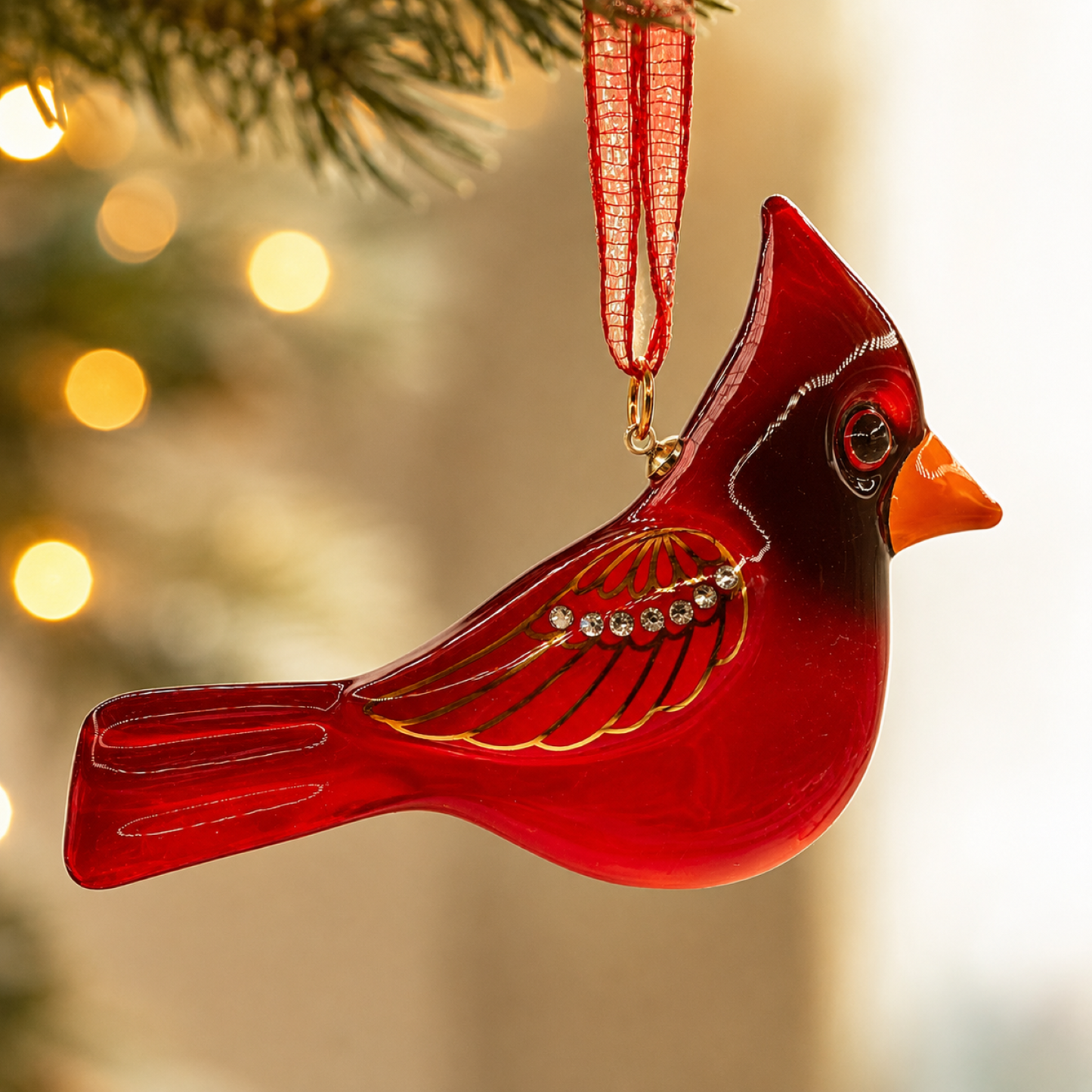 Handcrafted red glass cardinal Christmas ornament with crystal accents and hanging ribbon.