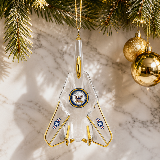 Official U.S. Navy handcrafted glass fighter jet Christmas ornament with Navy emblem, Real 22Kt Gold accents, and gold hanging ribbon.