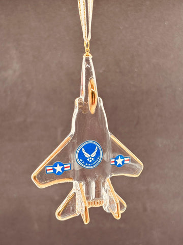 U.S. Air Force F-15 Jet glass ornament with gold ribbon and logo
