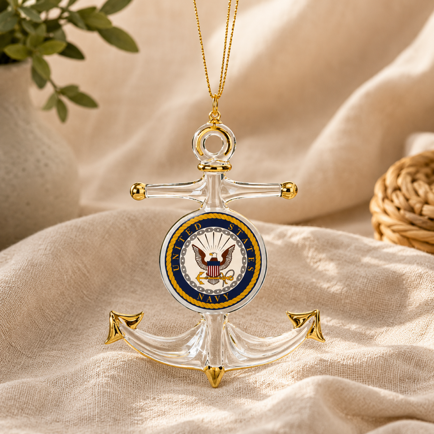 Official U.S. Navy handcrafted glass anchor Christmas ornament with Navy emblem, Real 22Kt Gold accents, and gold hanging ribbon