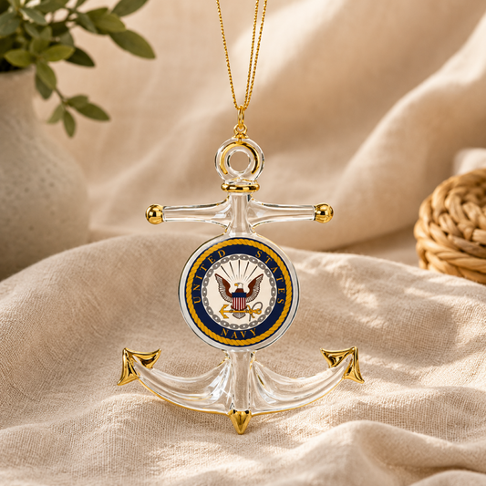 Official U.S. Navy handcrafted glass anchor Christmas ornament with Navy emblem, Real 22Kt Gold accents, and gold hanging ribbon