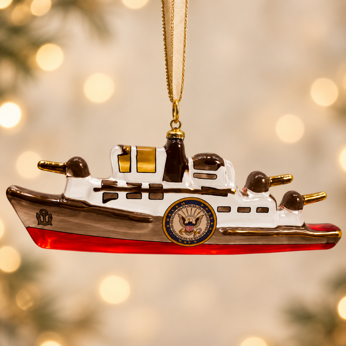 Official licensed U.S. Navy handcrafted glass ship ornament with Navy emblem, gold ribbon, and Real 22Kt Gold accents