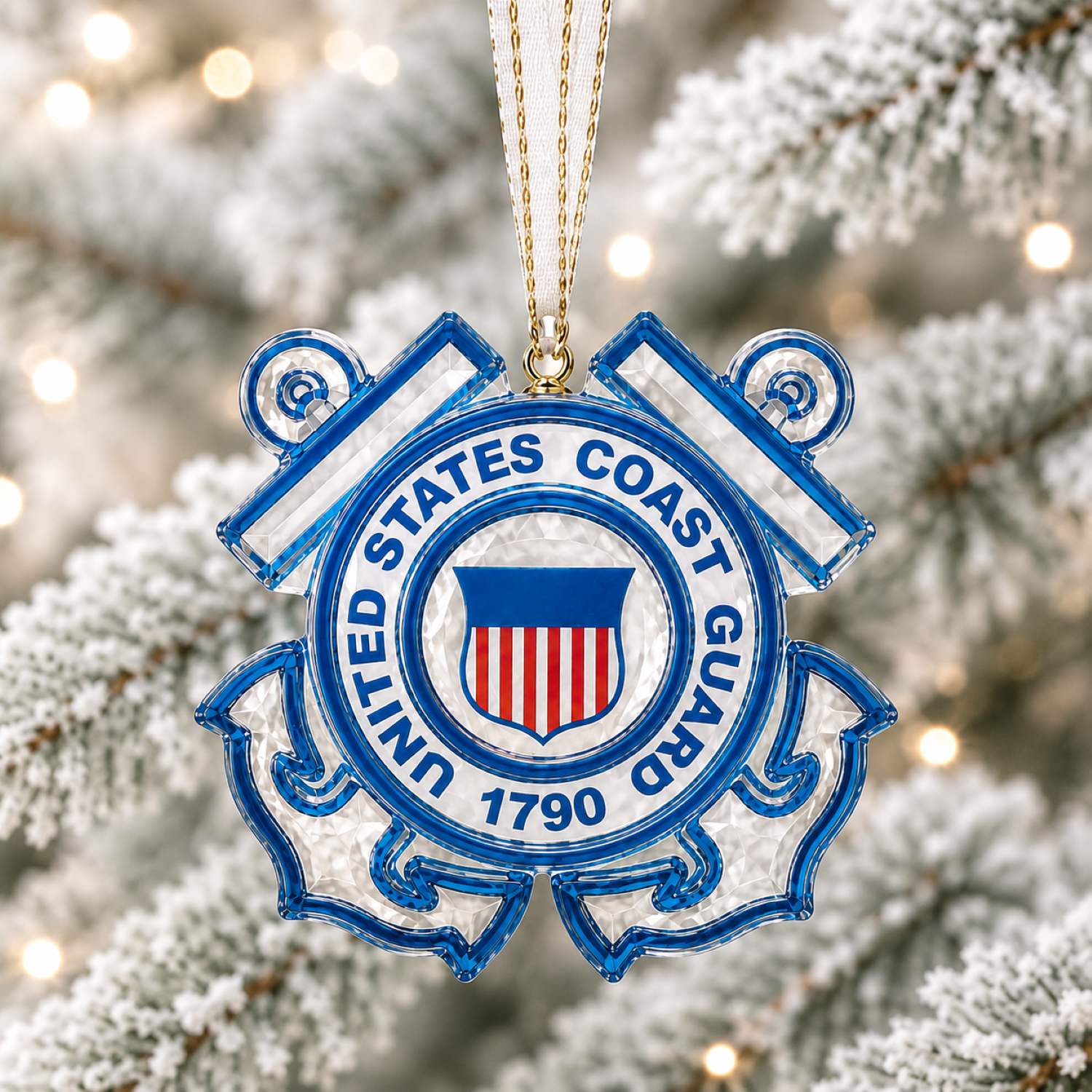 Official licensed U.S. Coast Guard glass Christmas ornament with classic Coast Guard emblem and gold ribbon