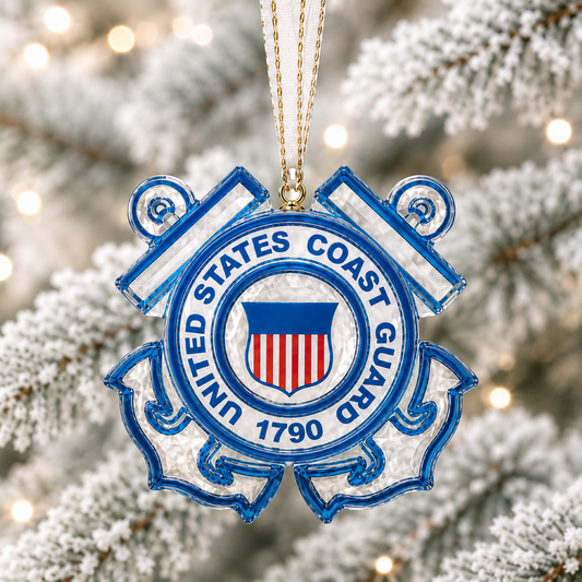 Official licensed U.S. Coast Guard glass Christmas ornament with classic Coast Guard emblem and gold ribbon