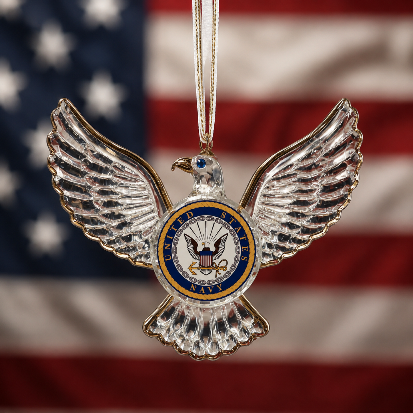 Handcrafted U.S. Navy Eagle glass ornament with gold accents, crystal details, classic Navy emblem, and gold hanging ribbon for Christmas tree décor.