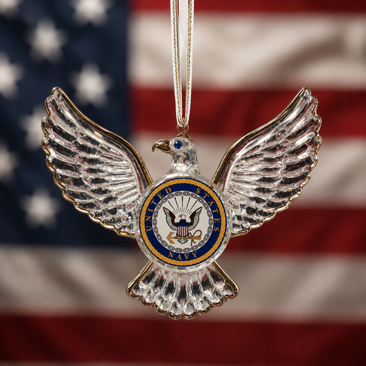 Handcrafted U.S. Navy Eagle glass ornament with gold accents, crystal details, classic Navy emblem, and gold hanging ribbon for Christmas tree décor.