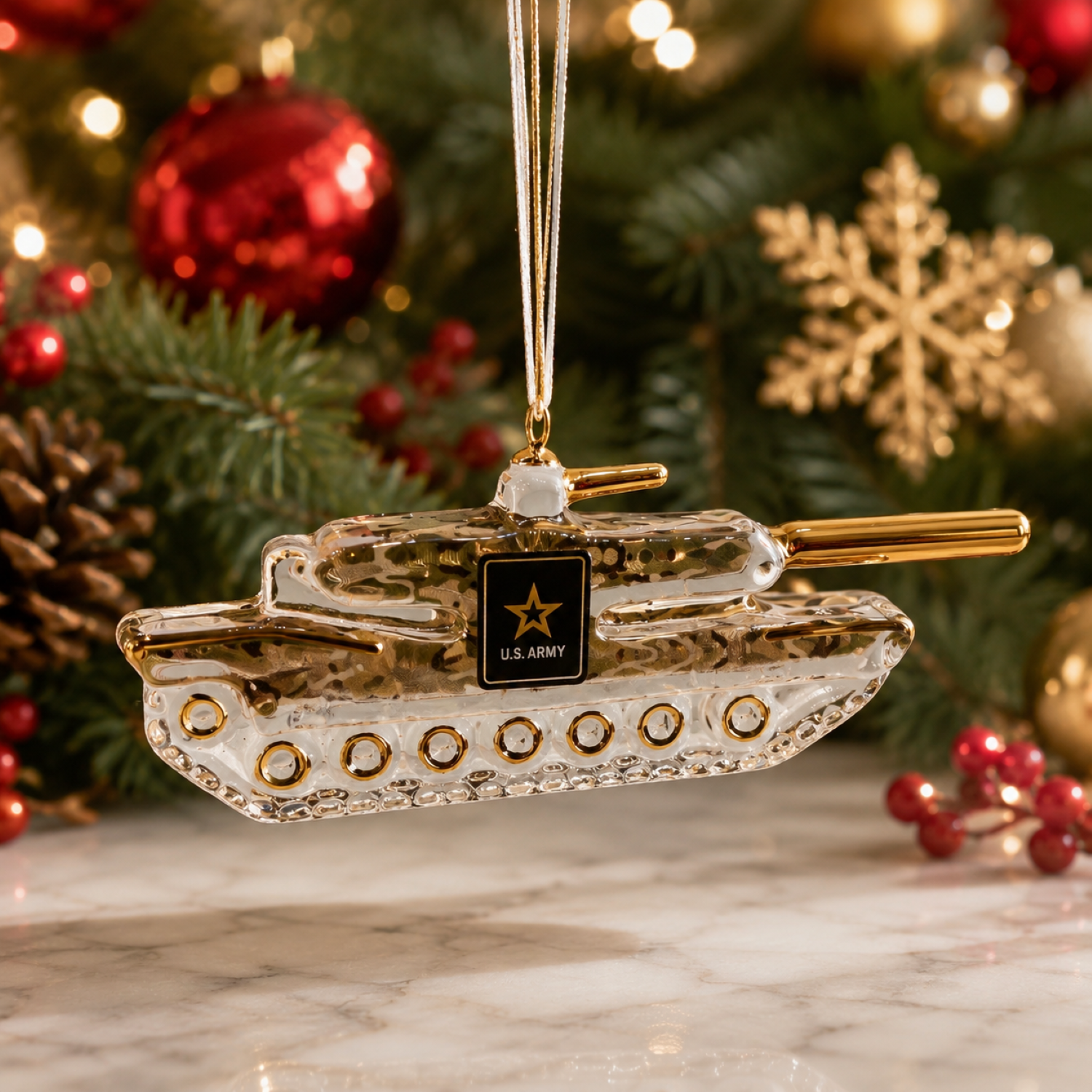 Official U.S. Army handcrafted glass tank Christmas ornament with Army emblem, Real 22Kt Gold accents, and gold hanging ribbon.