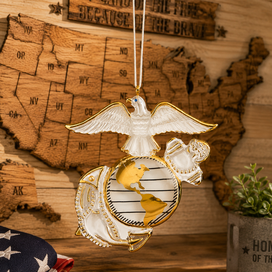 Handcrafted U.S. Marine Corps Eagle Globe and Anchor glass ornament with gold accents