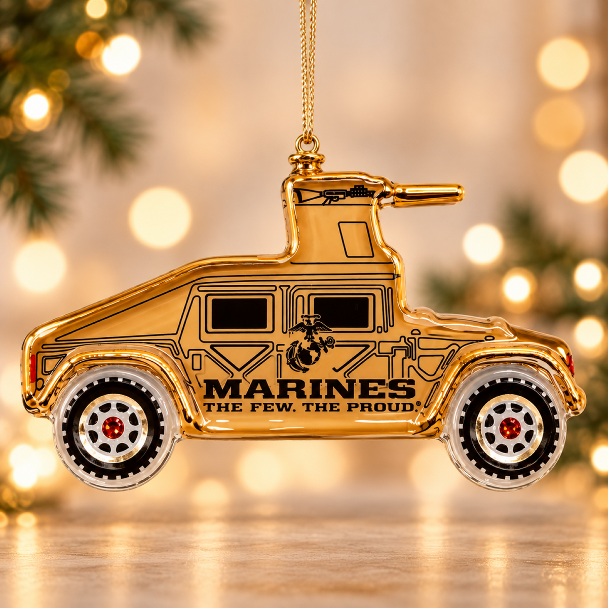 Official licensed USMC handcrafted glass Humvee ornament with Marine Corps emblem, Genuine Crystal accents, and gold ribbon