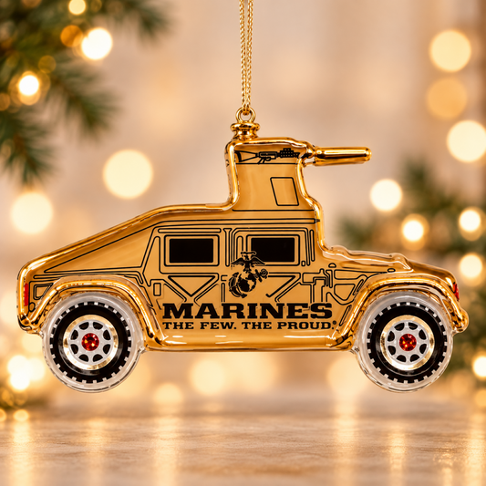 Official licensed USMC handcrafted glass Humvee ornament with Marine Corps emblem, Genuine Crystal accents, and gold ribbon