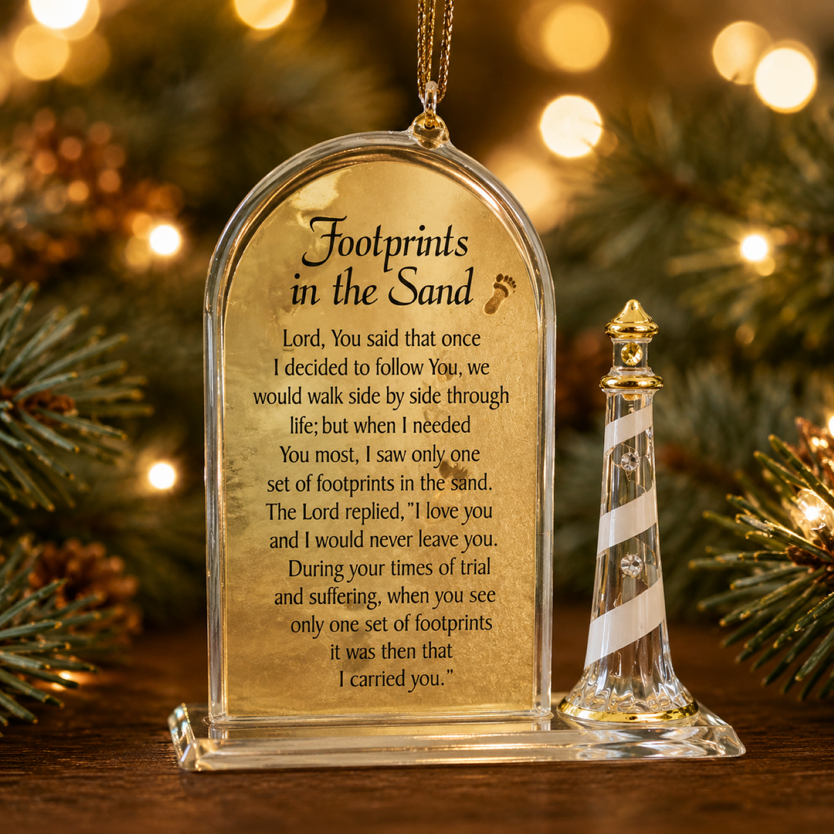 Footprints in the Sand Ornament – Christian Christmas Ornament, Lighthouse Ornament, Religious Gift