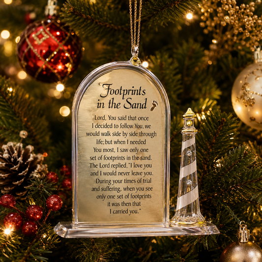 Handcrafted Footprints in the Sand glass ornament with lighthouse, genuine crystals, real 22Kt gold accents, and the Footprints in the Sand poem.