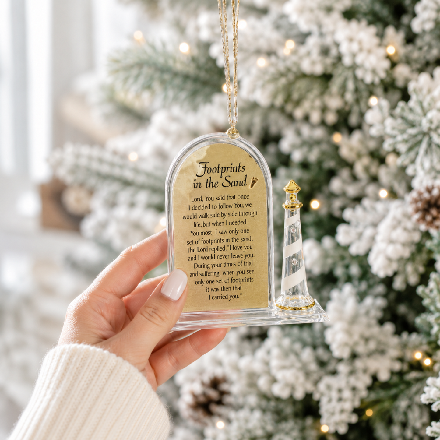 Footprints in the Sand Ornament – Christian Christmas Ornament, Lighthouse Ornament, Religious Gift