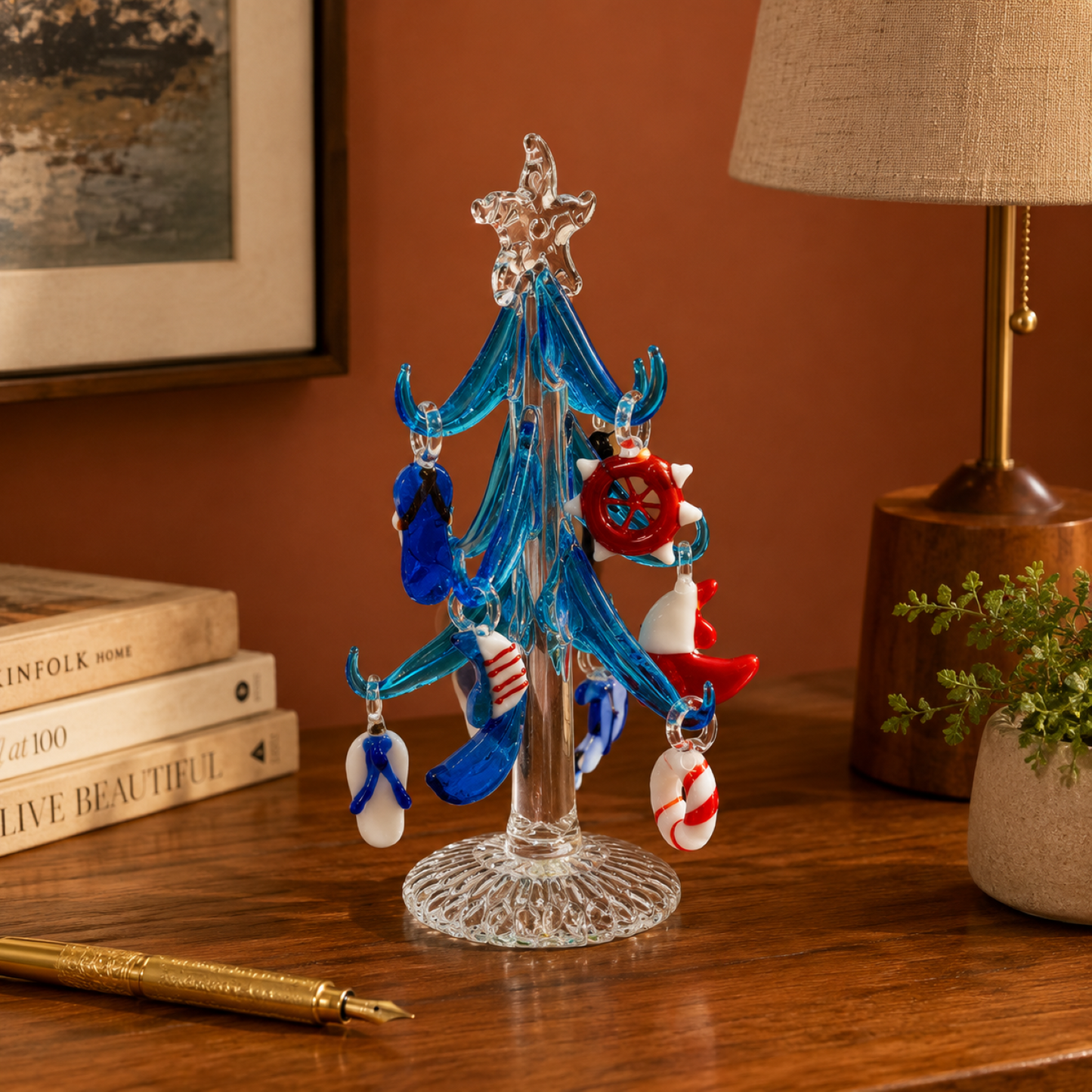 Glass Nautical Christmas Tree with 9 Ornaments in Gift Box – Coastal Decor Gift
