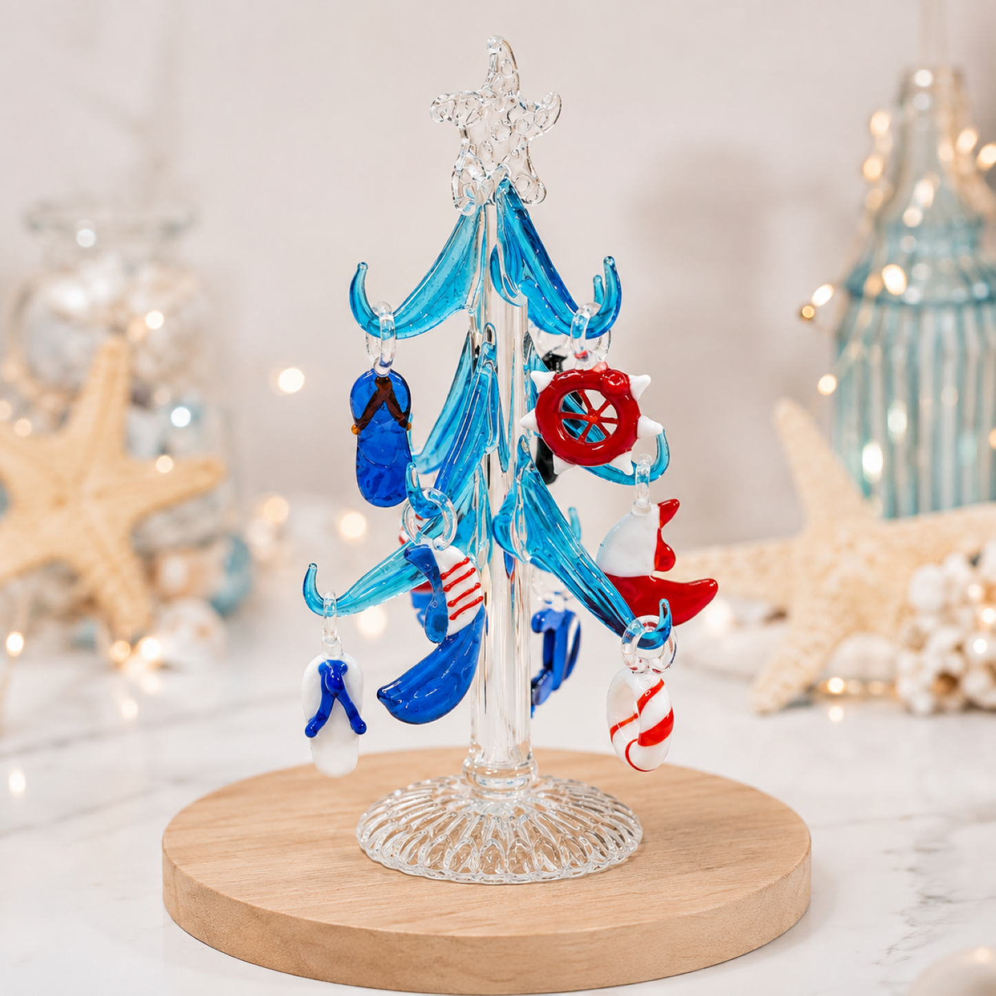 Glass Nautical Christmas Tree with 9 Ornaments in Gift Box – Coastal Decor Gift