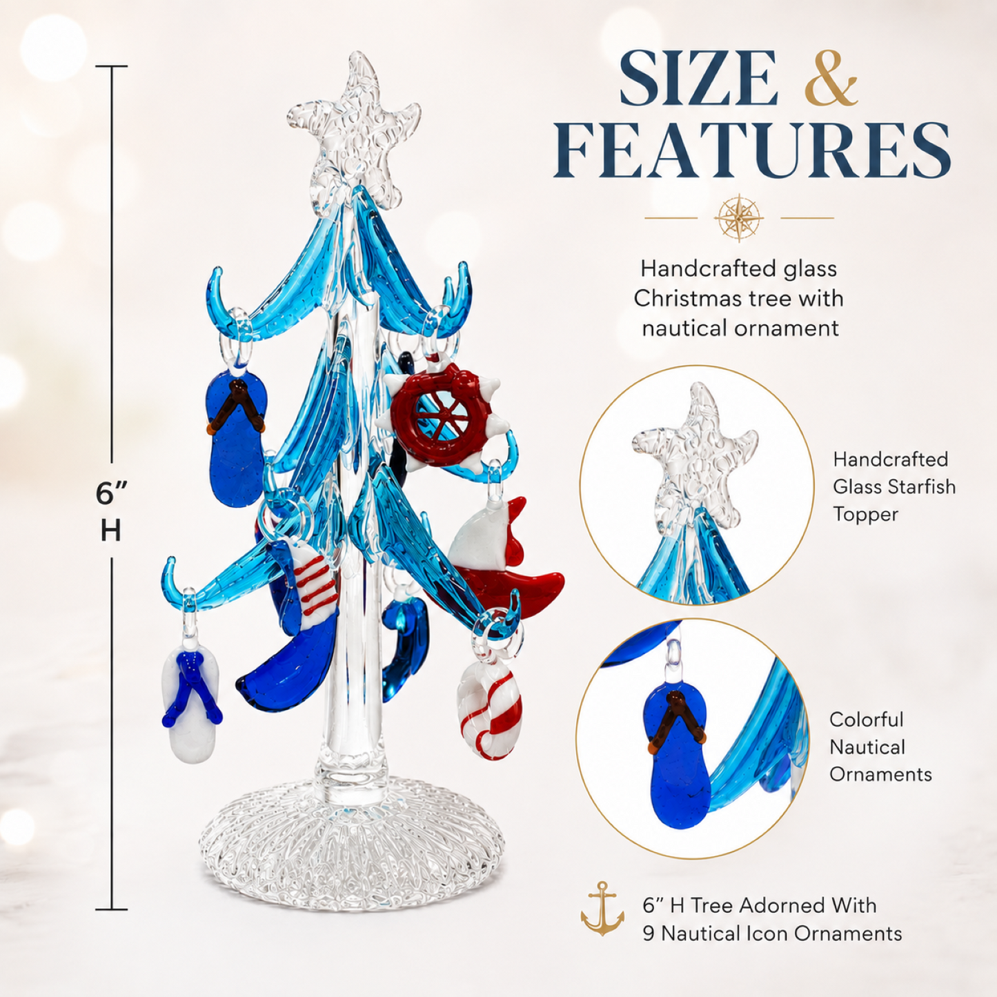 Glass Nautical Christmas Tree with 9 Ornaments in Gift Box – Coastal Decor Gift