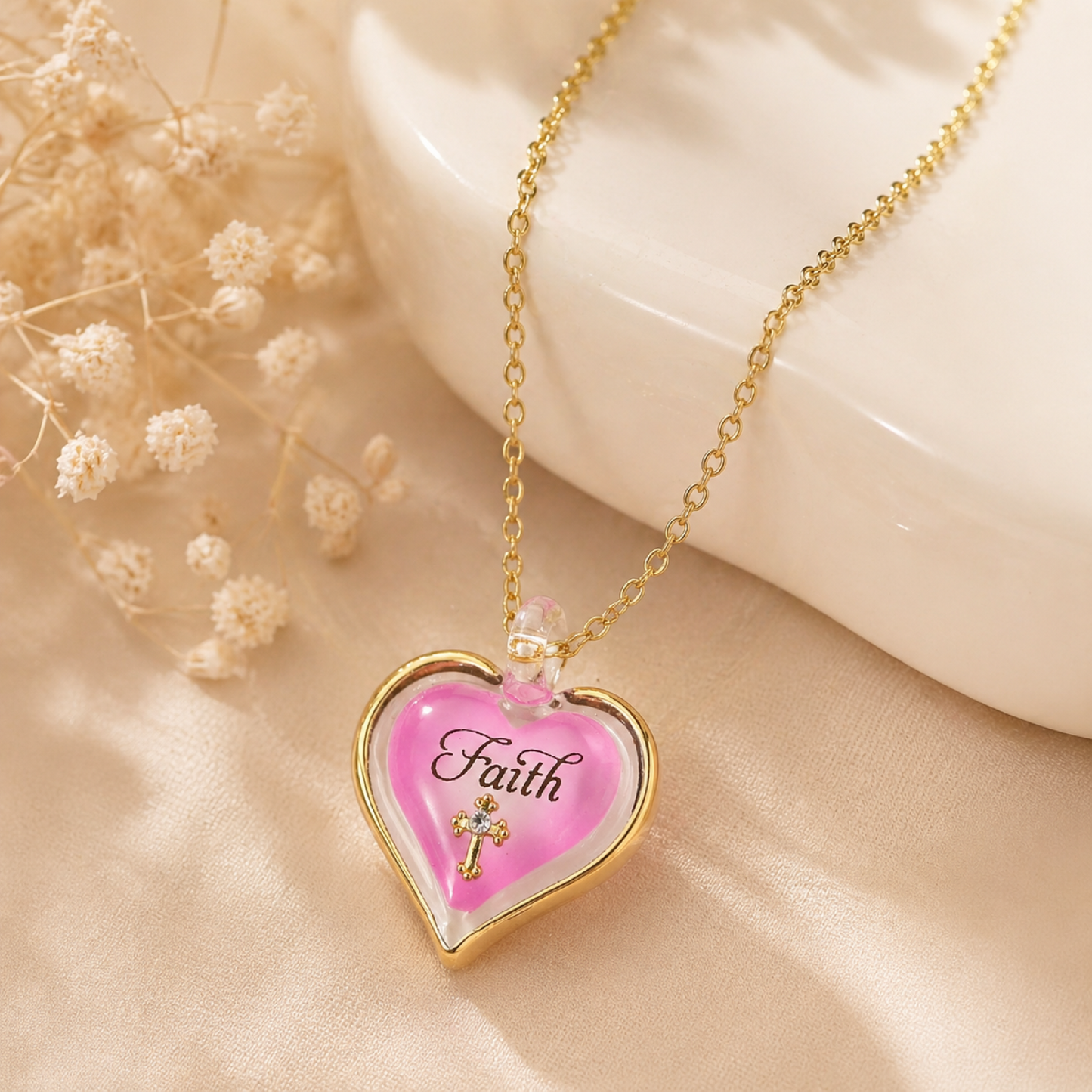 Faith Heart Cross Necklace | Pink Christian Pendant Gift