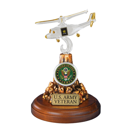 U.S. Army Veteran Glass Helicopter Figurine – Handcrafted Military Gift with 22K Gold Accents