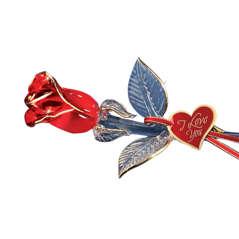 Red and Gold Rose Glass Figurine with “I Love You” Message Handcrafted Gift