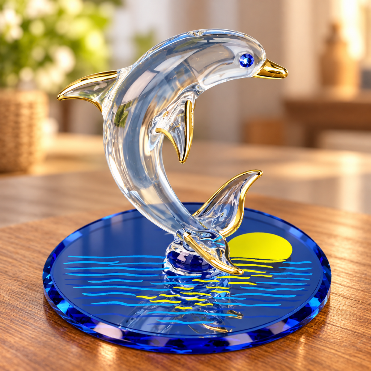 Handcrafted glass dolphin figurine leaping above a blue water design and yellow sun on a beveled glass mirror base