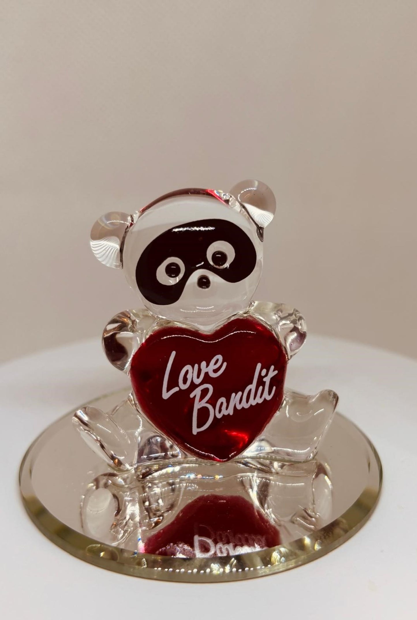 Love Bandit Bear Figurine, Handcrafted Glass Bear with Red Heart