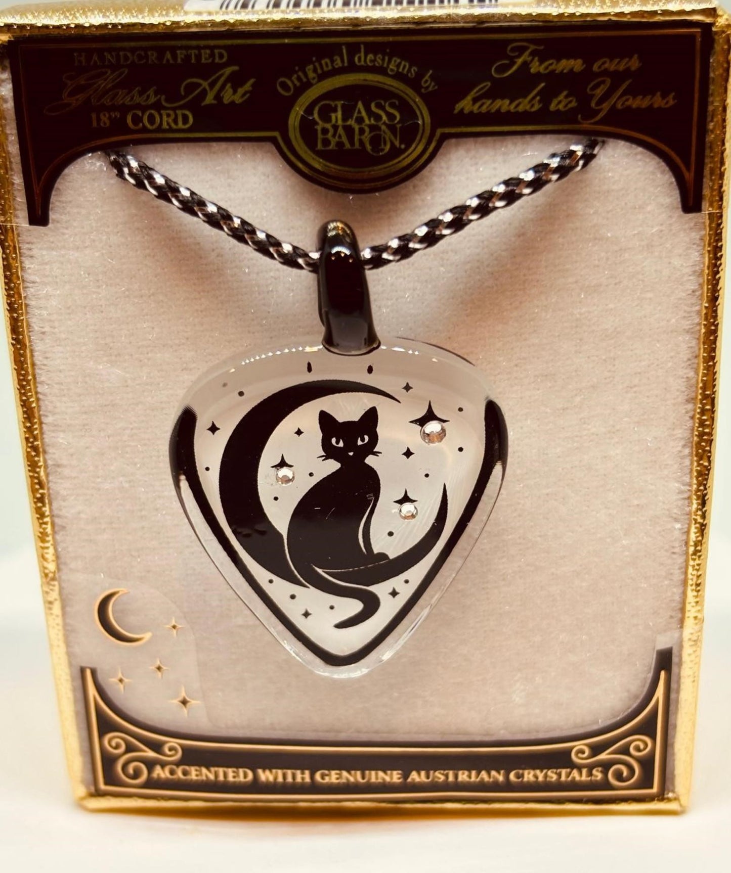 Cat and Moon Necklace Handcrafted Glass Pendant with Crystals on Cord Chain