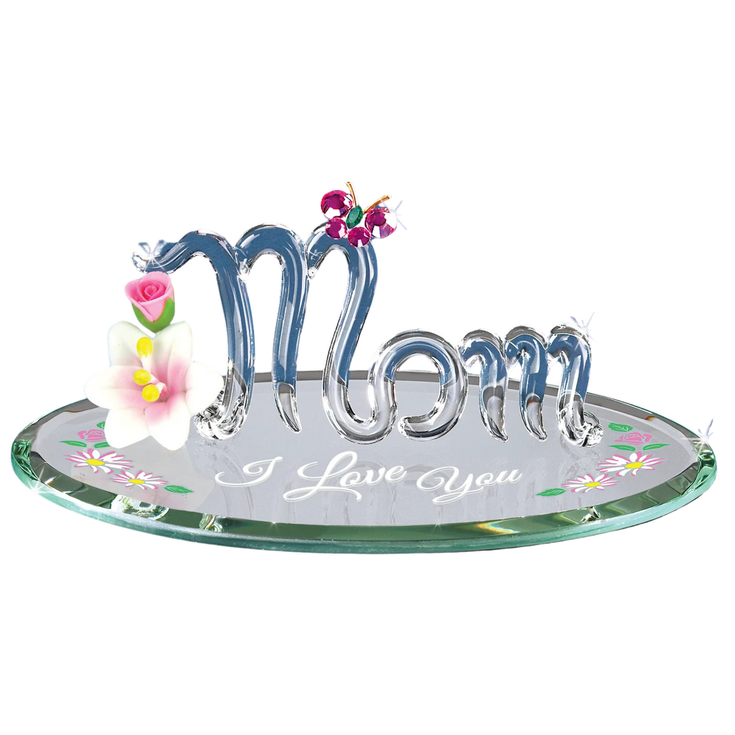 Mom “I Love You” Glass Figurine with Butterfly and Flowers
