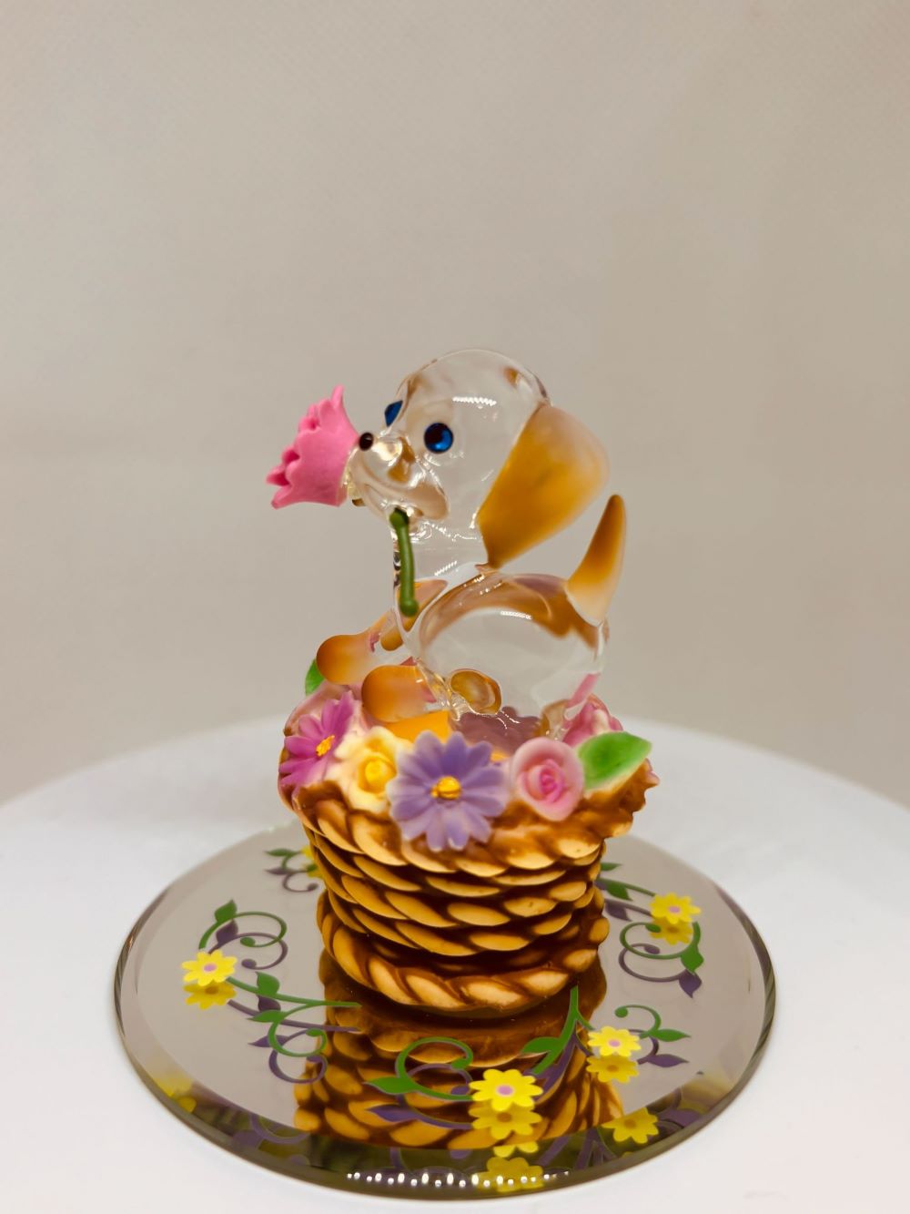 Playful Glass Puppy Figurine in Flower Basket | Dog Lover Gift Decor