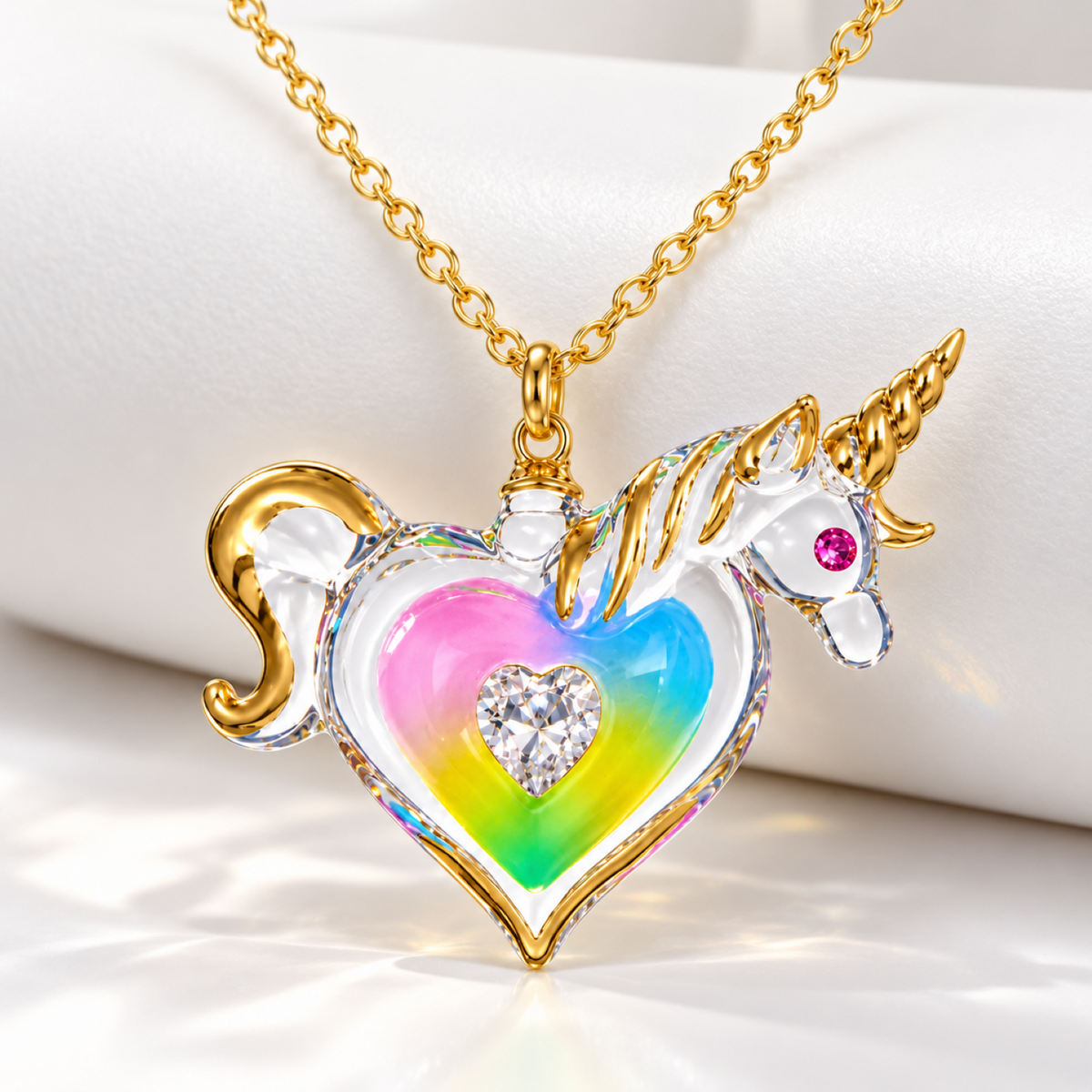 Rainbow heart unicorn pendant necklace with crystal heart centerpiece, gold accents, and 18-inch gold-plated chain