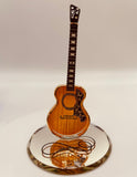 Handcrafted acoustic glass guitar figurine on beveled mirror base with crystal and 22Kt gold accents