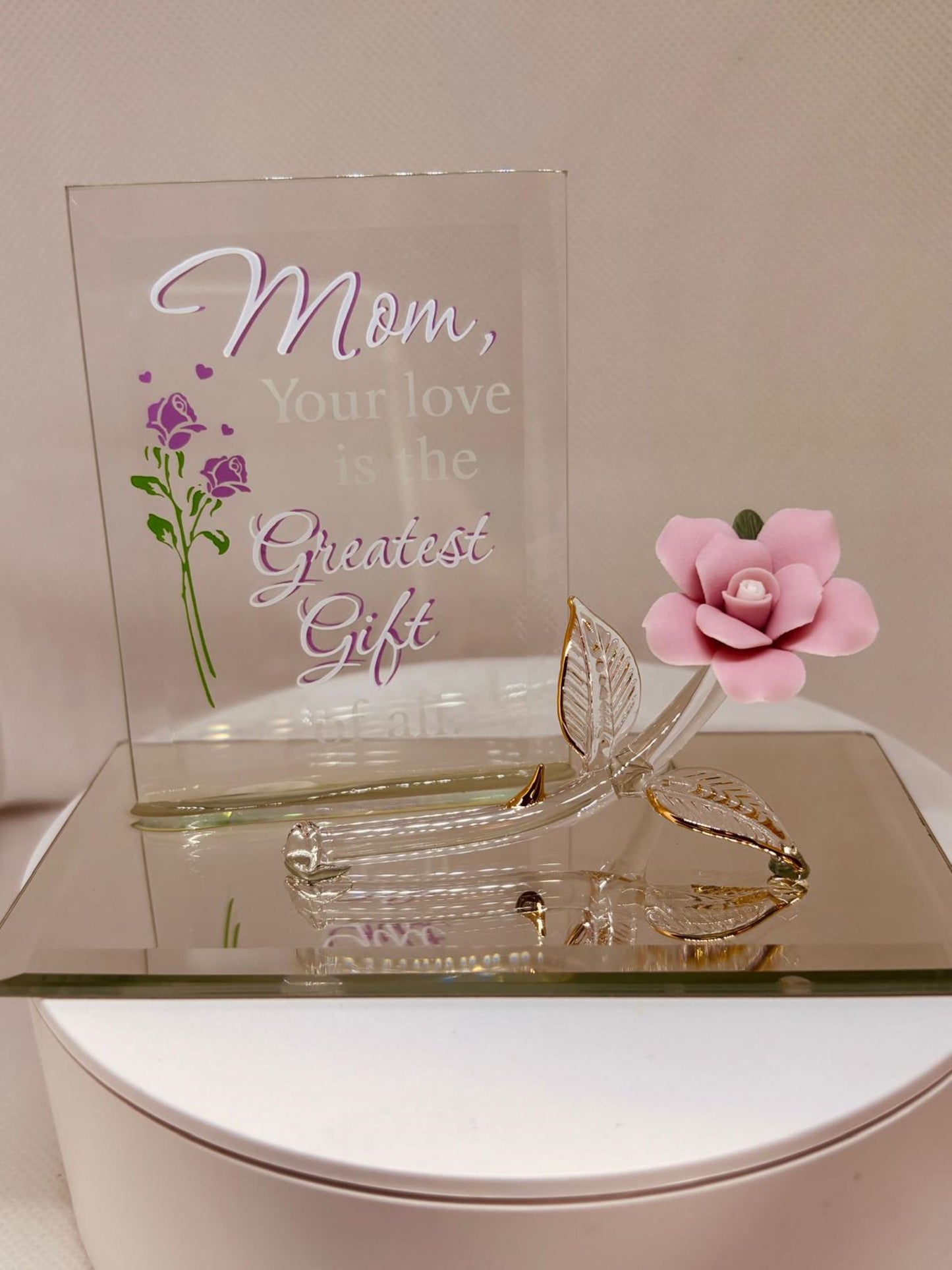 Pink Rose Mom “Greatest Gift” Glass Figurine | Handcrafted Mother’s Day I Love You Mom Gift