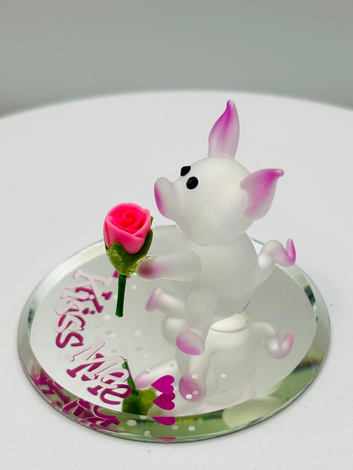 Pig Figurine with Rose, Handcrafted Glass Pig Gift, Romantic Gift, Valentine Gift, Love Collectible, Glass Decor