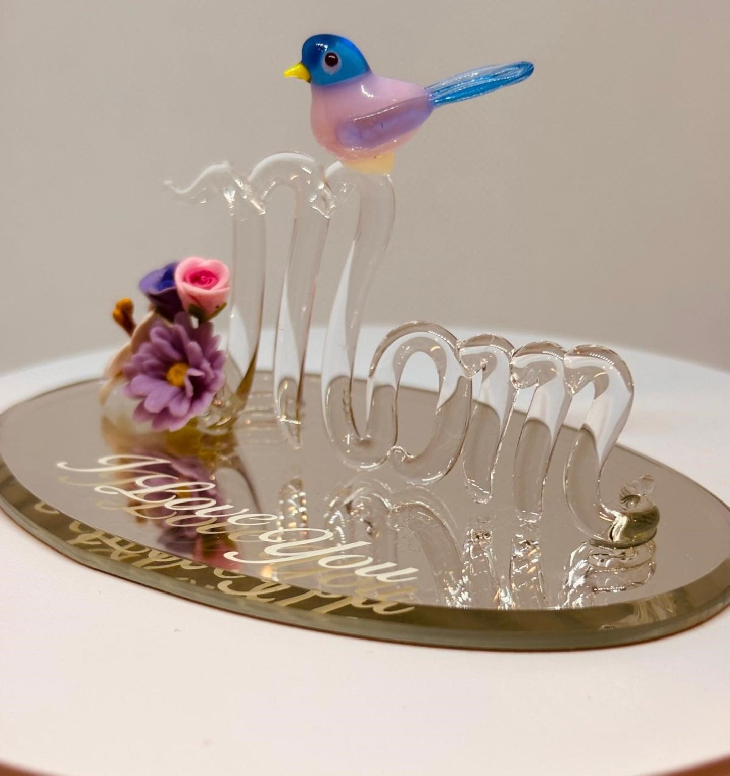 Mom "I Love You" Glass Figurine Hummingbird with Flowers Handcrafted Gift