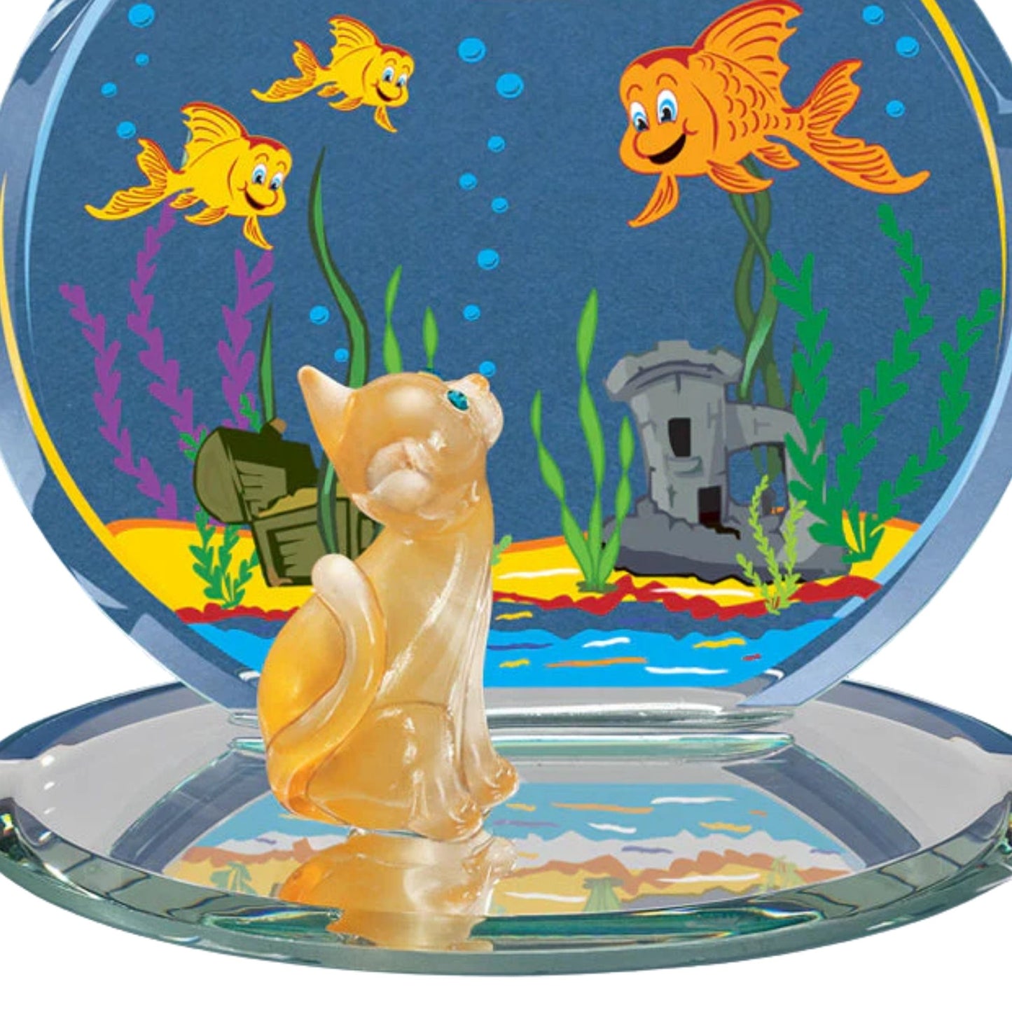 Cat & Fish Bowl Glass Figurine Handcrafted Orange Tabby Cat Collectible Gift