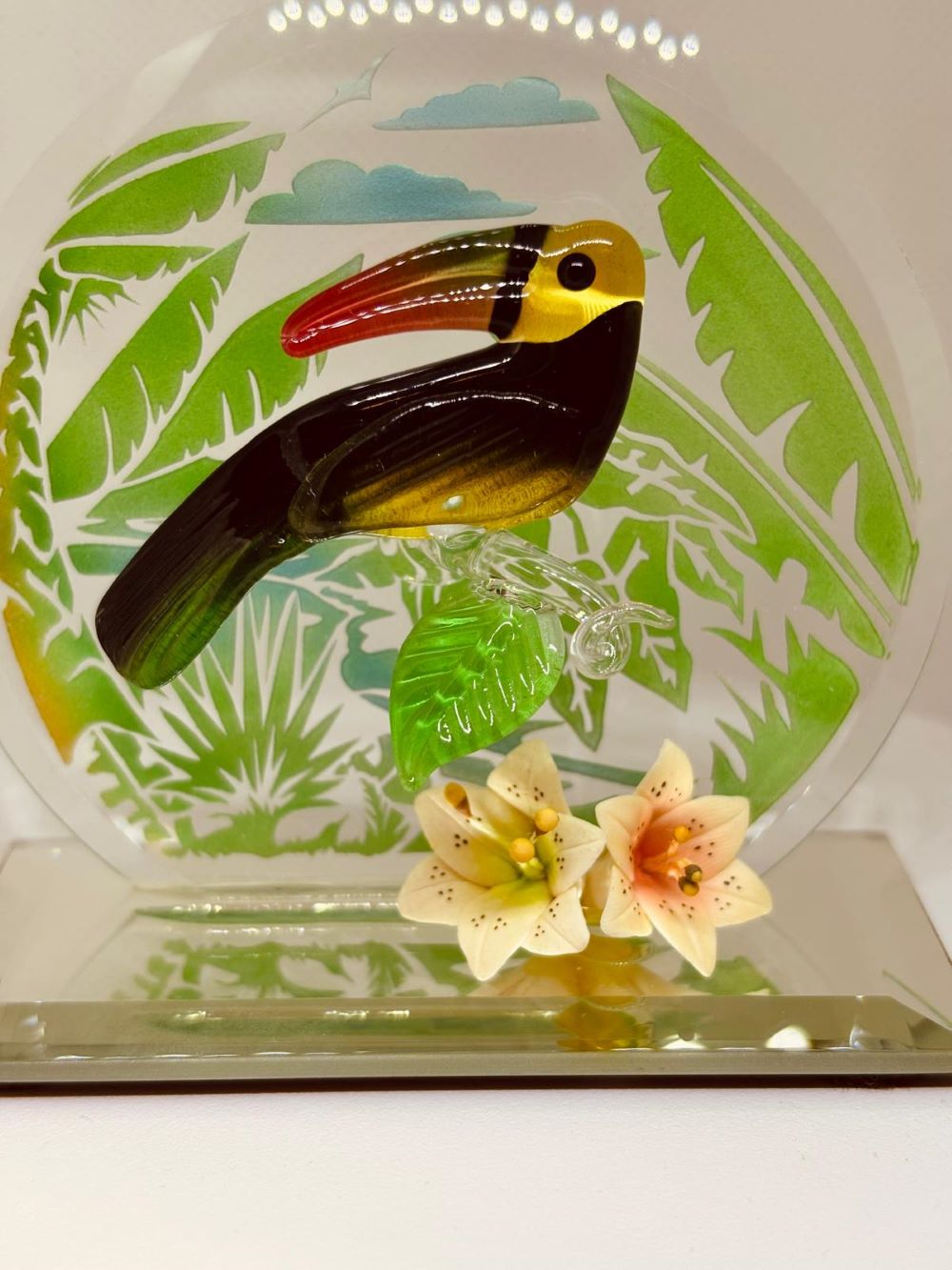 Toucan Glass Figurine | Handcrafted Bird Art with Crystals and Jungle Theme