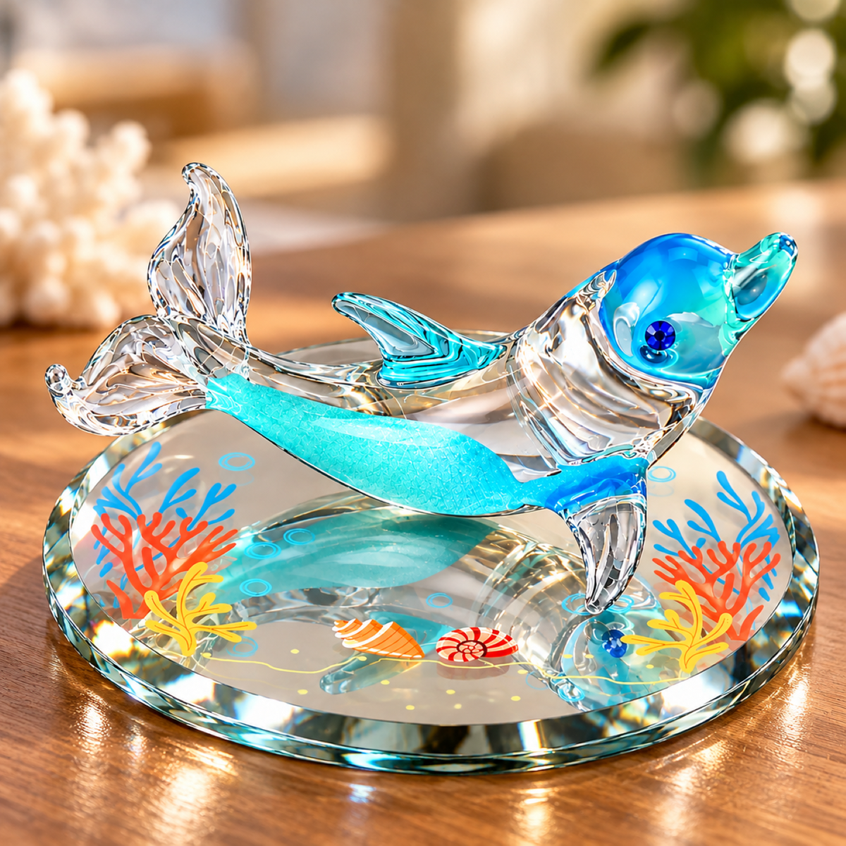 Glass Dolphin Figurine, Coral Reef Ocean Decor, Dolphin Lover Gift