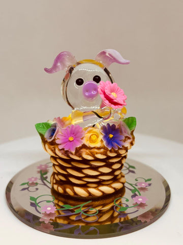 Sitting Pretty Pig Figurine | Handcrafted Glass Pig in Flower Basket