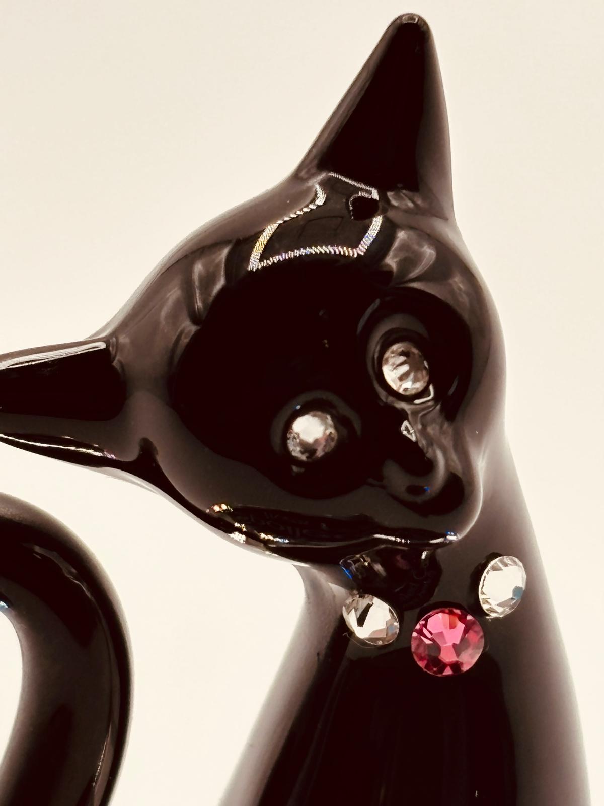 Spoiled Cat Glass Figurine | Handcrafted Black Cat Decor with Crystal Accents