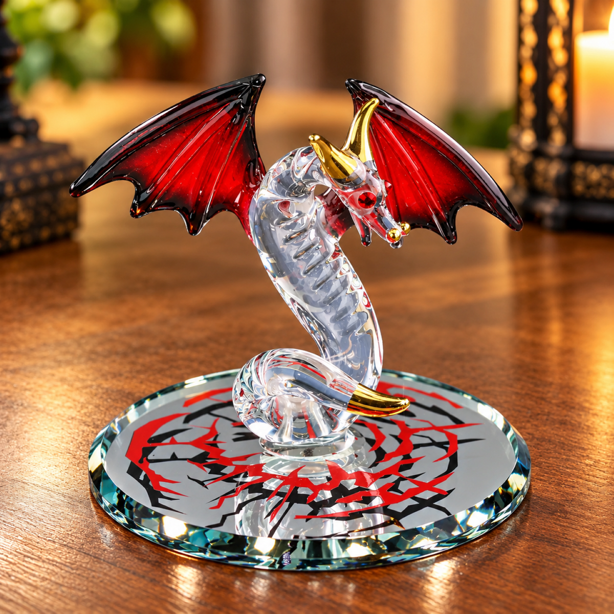 Handcrafted glass dragon figurine with red and black wings, gold accents, and a red and black patterned beveled glass mirror base