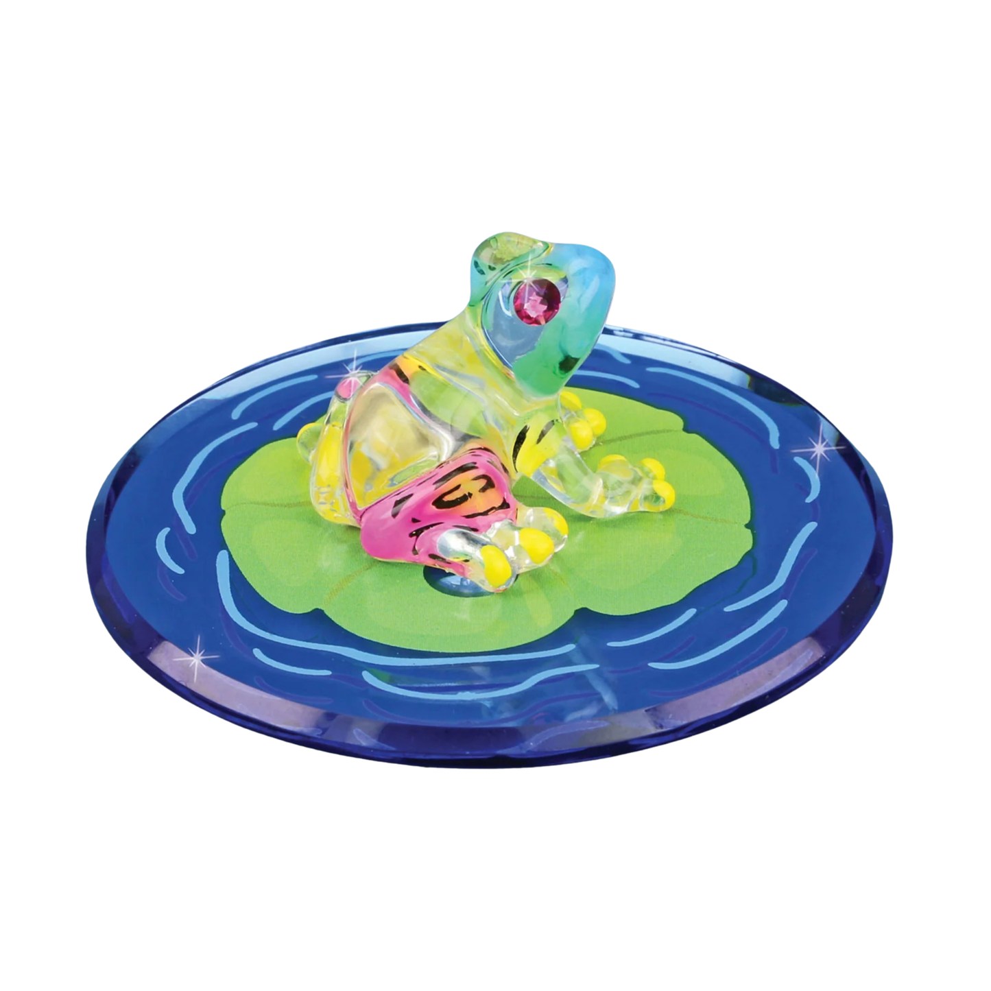 Lily Pad Frog Figurine Handcrafted Glass Collectible with Crystals