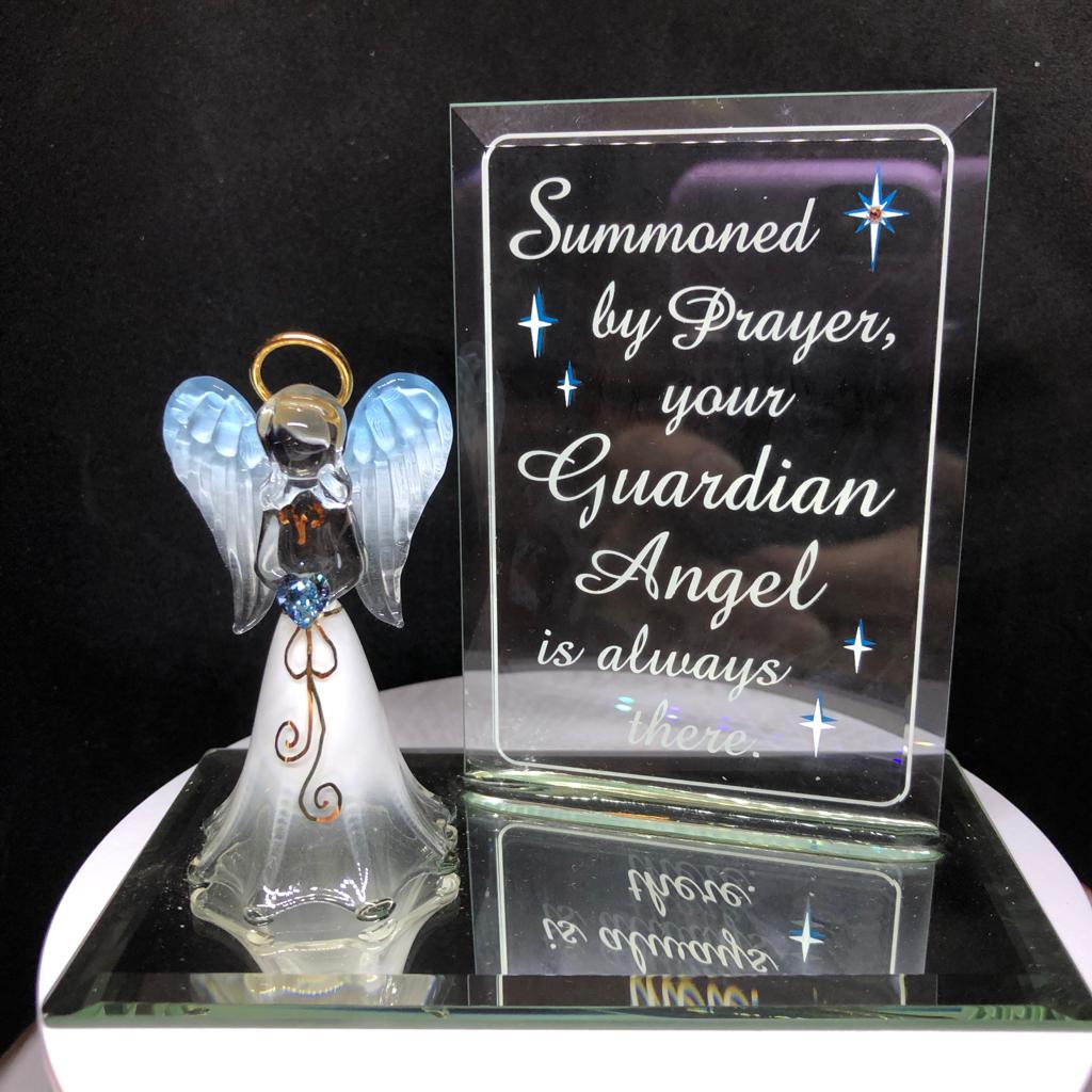 Guardian Angel Figurine with Blue Crystal Heart Handcrafted Glass Angel Gift
