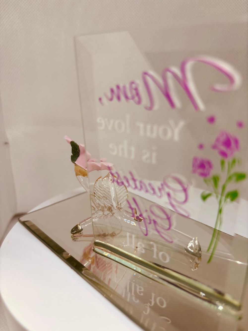 Pink Rose Mom “Greatest Gift” Glass Figurine | Handcrafted Mother’s Day I Love You Mom Gift