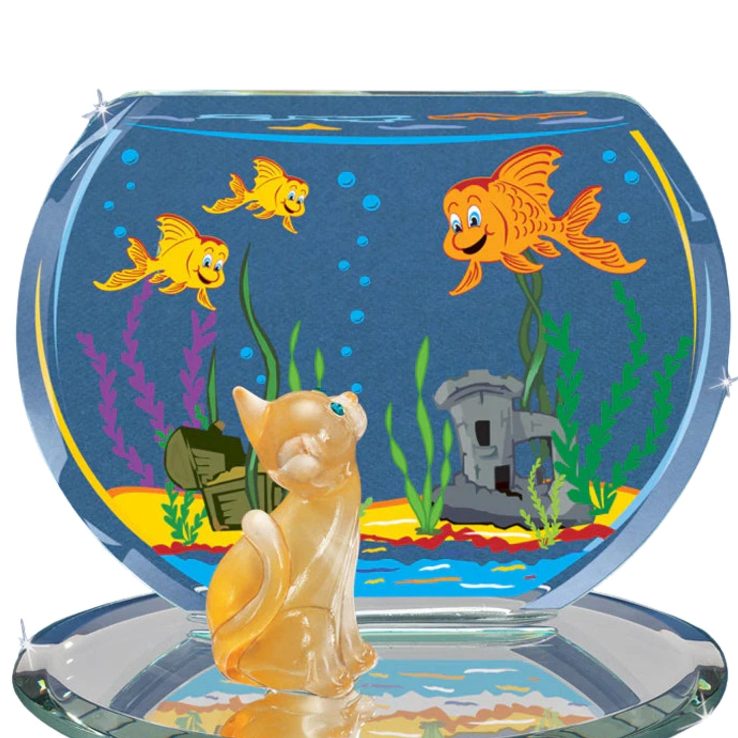 Cat & Fish Bowl Glass Figurine Handcrafted Orange Tabby Cat Collectible Gift