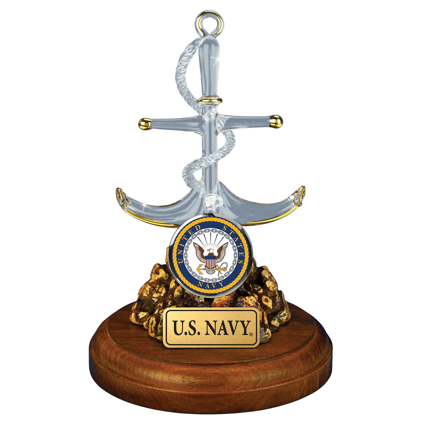Handcrafted U.S. Navy glass anchor figurine with gold accents mounted on decorative wooden base with official Navy emblem and embossed plaque.