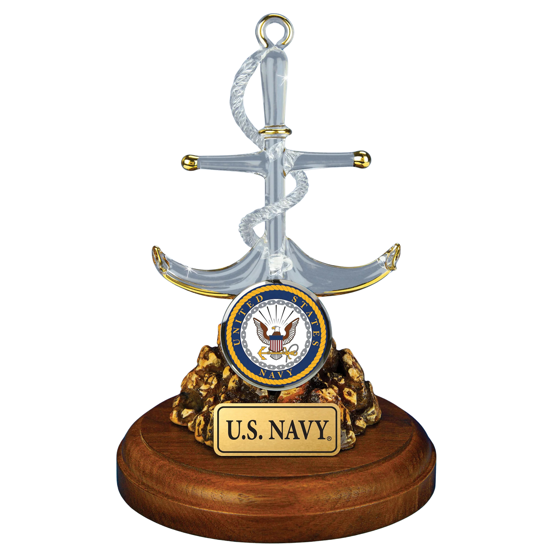 Handcrafted U.S. Navy glass anchor figurine with gold accents mounted on decorative wooden base with official Navy emblem and embossed plaque.