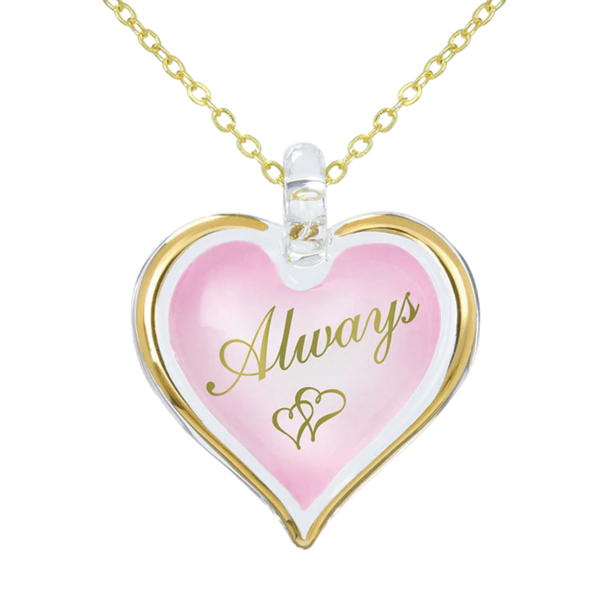 Pink heart pendant necklace with “Always” message on gold chain