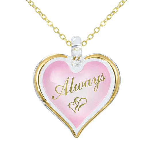 Pink heart pendant necklace with “Always” message on gold chain